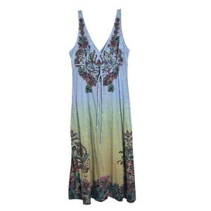 Vtg y2k Sz L Butterfly Dropout Maxi Dress Blue Green Ombre Floral Neck Burnout